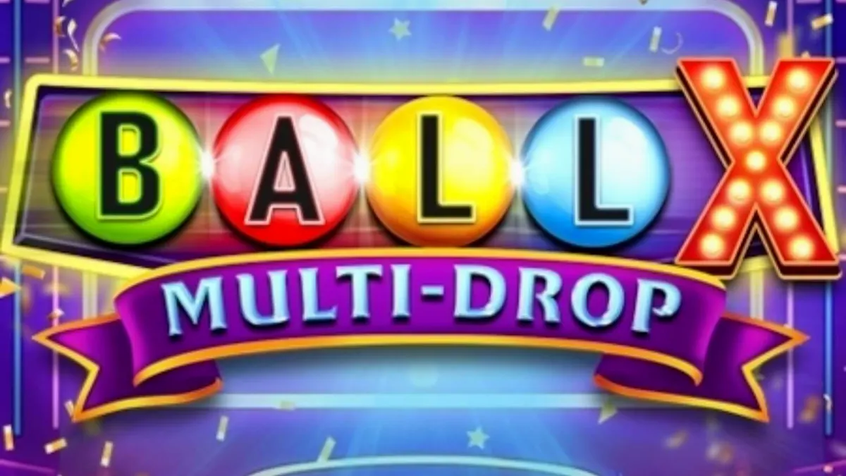 Ang neon-themed interface ng Ball X Multi-Drop slot na nagpapakita ng mga prutas at jackpot multipliers.